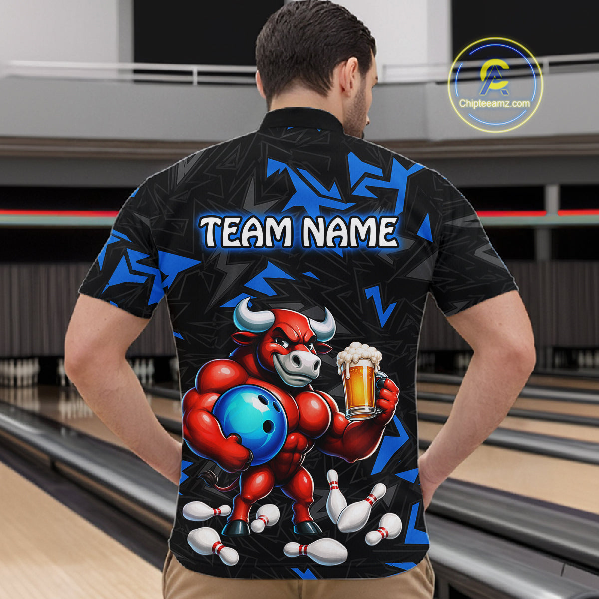 Men’s blue beer bull bowling quarter zip shirt, back view on male model in bowling lane 