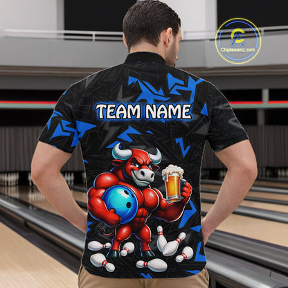 Men’s blue beer bull bowling quarter zip shirt, back view on male model in bowling lane 