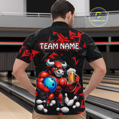 Men’s red beer bull bowling quarter zip shirt, back view on male model in bowling lane 