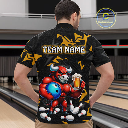 Men’s yellow beer bull bowling quarter zip shirt, back view on male model in bowling lane 