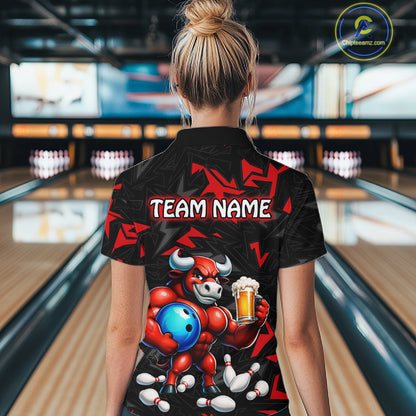 Women’s red beer bull bowling quarter zip shirt, back view on female model in bowling lane 
