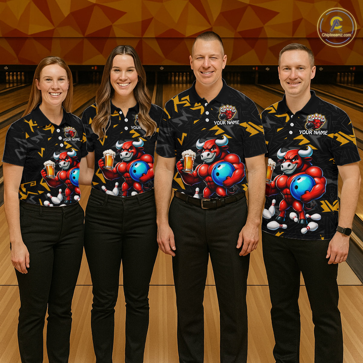 Group of bowlers in yellow beer bull team shirts, personalized bowling uniforms front view.