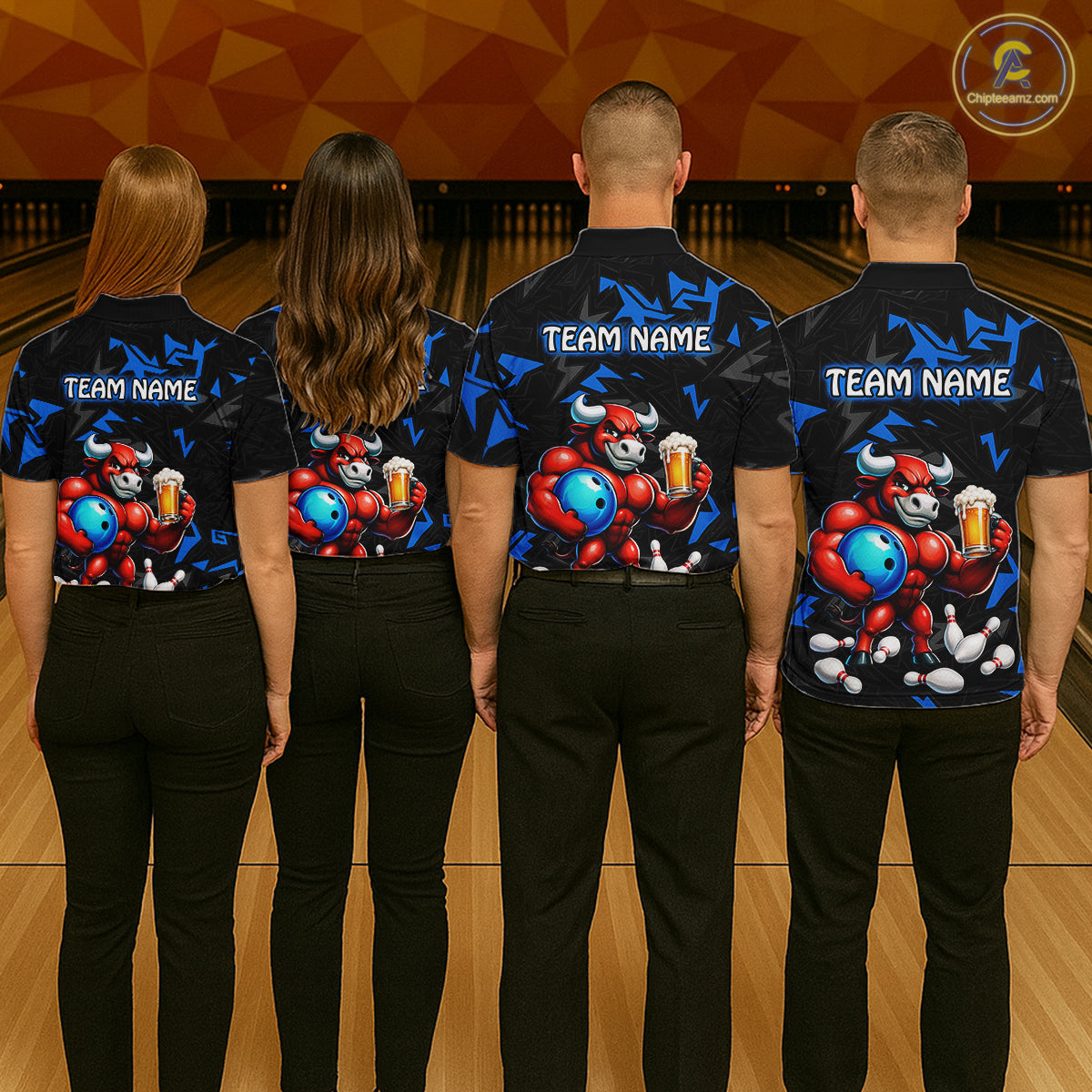 Group of bowlers in blue beer bull team shirts, personalized bowling uniforms back view.