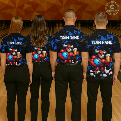 Group of bowlers in blue beer bull team shirts, personalized bowling uniforms back view.