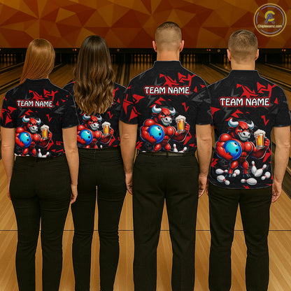 Group of bowlers in red beer bull team shirts, personalized bowling uniforms back view.