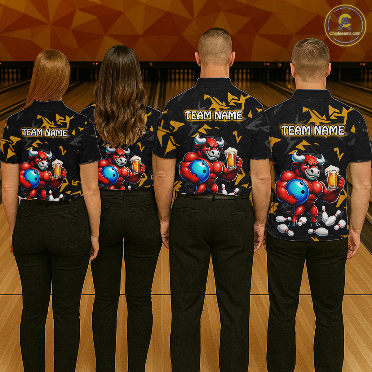 Group of bowlers in yellow beer bull team shirts, personalized bowling uniforms back view.