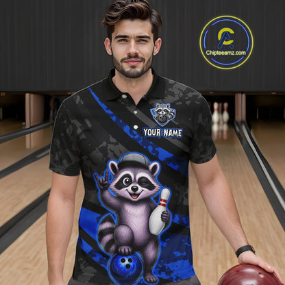 Man wearing a custom polo shirt with a raccoon graphic on a bowling alley.
