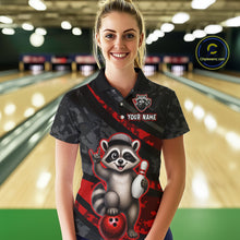 Load image into Gallery viewer, Person wearing a custom bowling shirt with a raccoon design in a bowling alley.