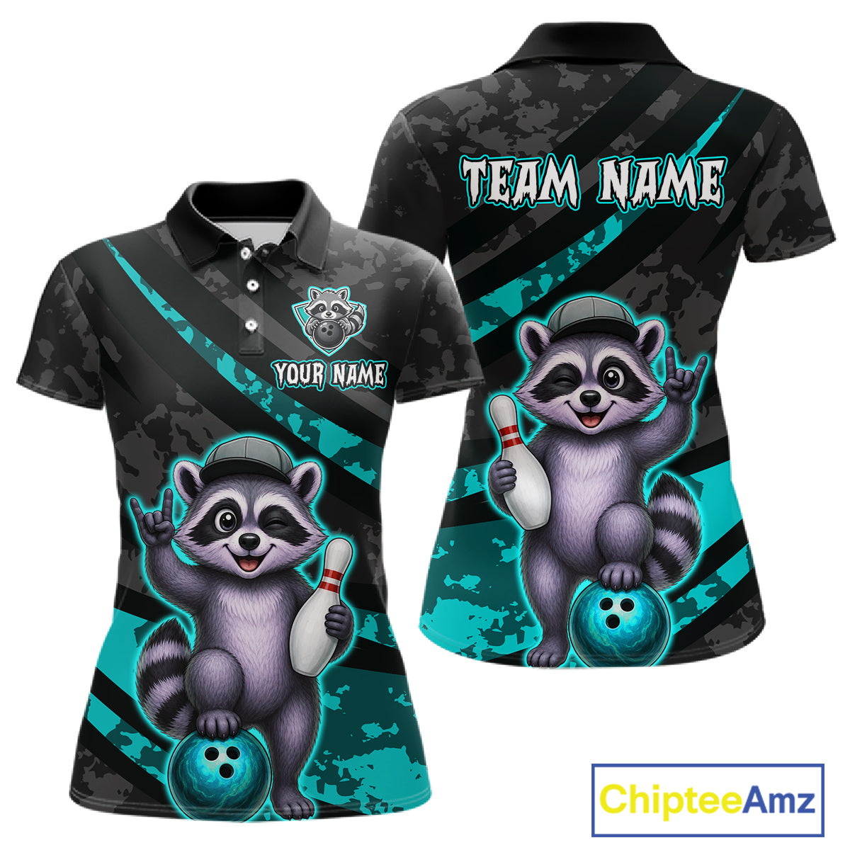 Two polo shirts with raccoon graphics and customizable text on a white background