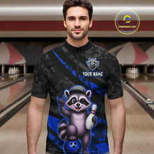 Load image into Gallery viewer, Man wearing a personalized bowling shirt with a raccoon graphic in a bowling alley.