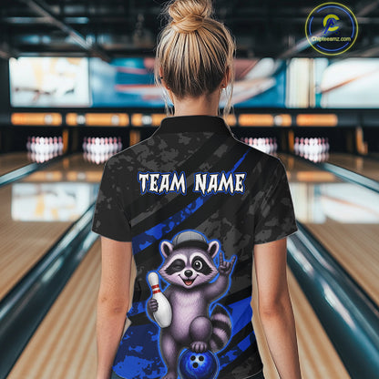 Custom Blue Funny Raccoon Bowling Jersey for Women Bowling Team Shirts Bowling League HNT389