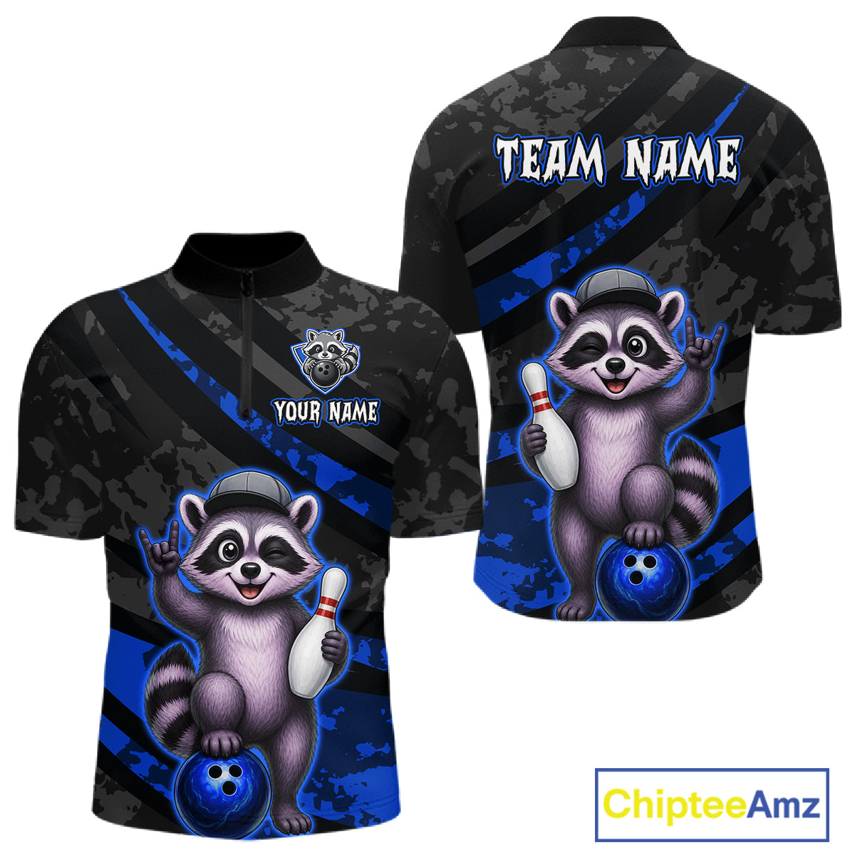Bowling jersey with raccoon graphics and customizable text on a blue and black background