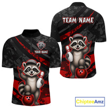 Load image into Gallery viewer, Bowling-themed shirt with raccoon design and customizable text on a white background