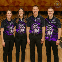 Load image into Gallery viewer, Four people wearing matching bowling shirts with a raccoon design on a bowling alley background.