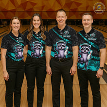Load image into Gallery viewer, Four people wearing matching bowling shirts with raccoon graphics on a bowling alley.