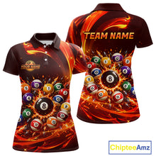 Load image into Gallery viewer, Two polo shirts with a fiery design featuring pool balls and 'Team Name' text, branded with Chiptee Amz.