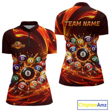 Load image into Gallery viewer, Two polo shirts with billiard ball design and customizable text on a white background