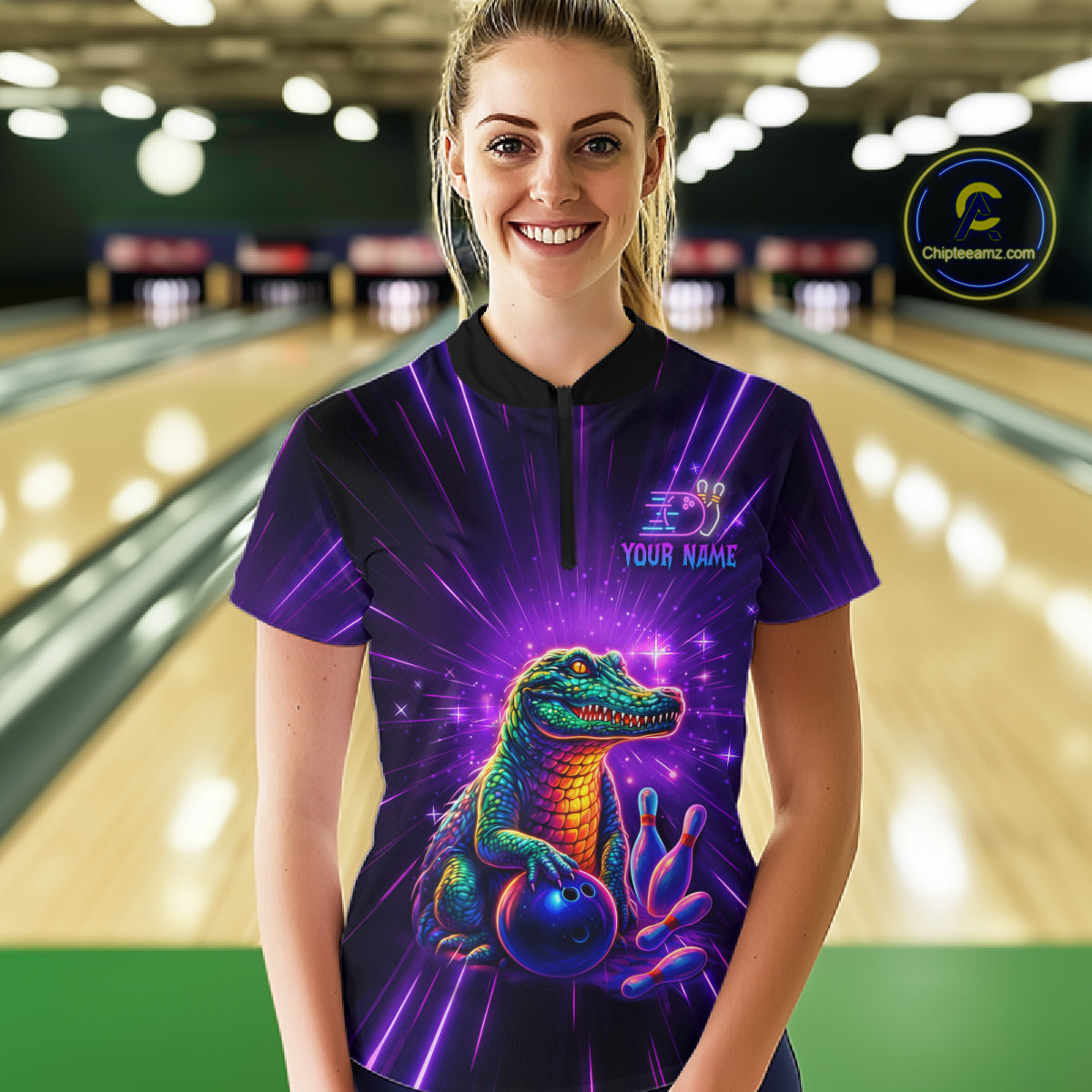 Custom Funny Crocodile Neon Bowling Shirt Alligator Bowling Jersey for Women Polo & 1/4 Zip HNT208