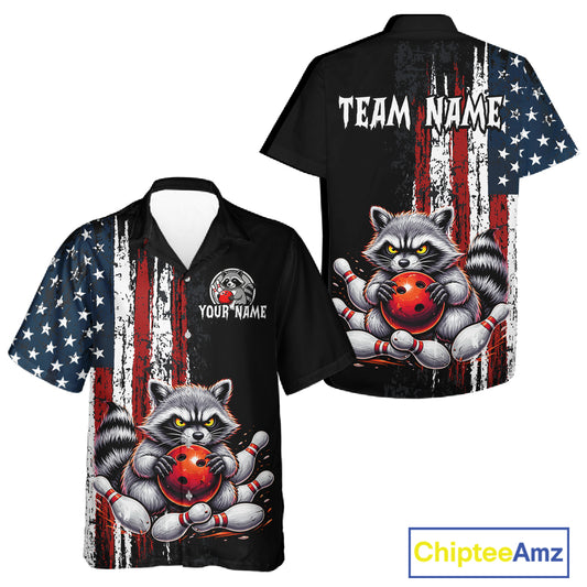 Custom Black US Flag Raccoon Hawaiian Bowling Jersey Bowling Team Shirts Bowling Uniform HNT334
