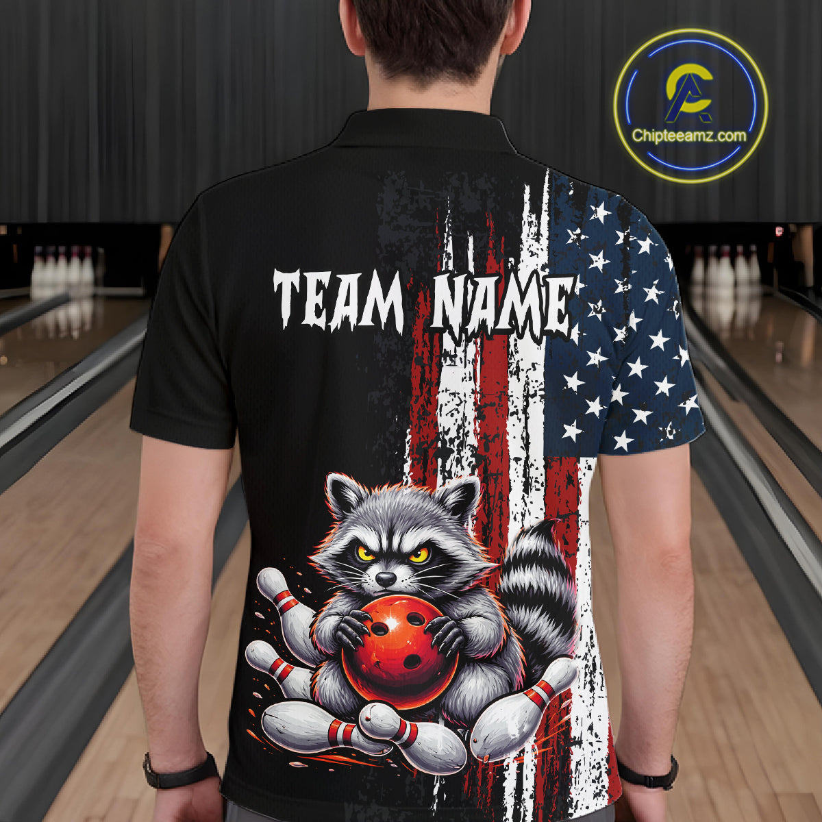 Men’s us flag raccoon bowling polo shirt, back view on male model in bowling lane 