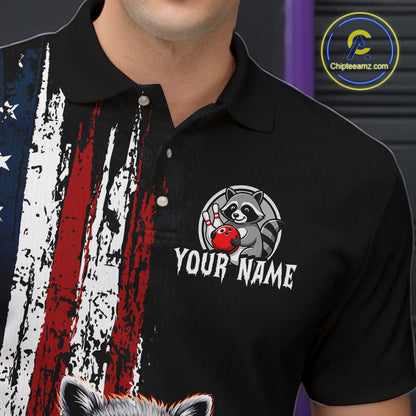 Men’s us flag raccoon bowling polo shirt with custom name, angled front view showing custom team design 
