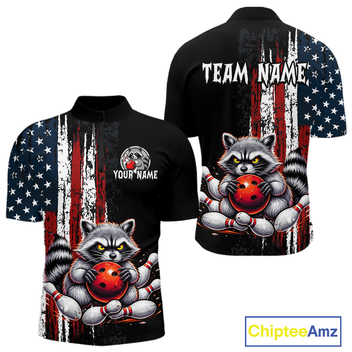 Custom us flag raccoon bowling jersey for men, personalized team bowling quarter zip shirt front view and back view
