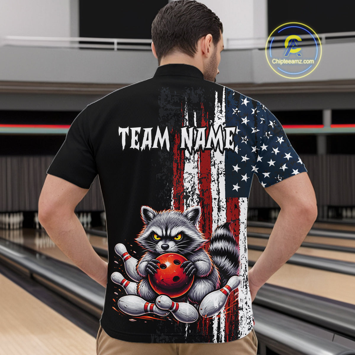 Men’s us flag raccoon bowling quarter zip shirt, back view on male model in bowling lane 