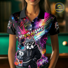 Load image into Gallery viewer, Woman wearing a vibrant graffiti-style billiards polo with a american bully dog, custom name text, and colorful paint-streak graphics.