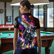 Load image into Gallery viewer, Woman wearing a vibrant graffiti-style billiards polo with a american bully dog, custom team name text, and colorful paint-streak graphics.