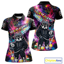 Load image into Gallery viewer, Front and back views of a vibrant billiards polo shirt featuring a american bully dog in sunglasses and a hoodie holding an 8-ball, set against colorful graffiti-style splatter artwork.