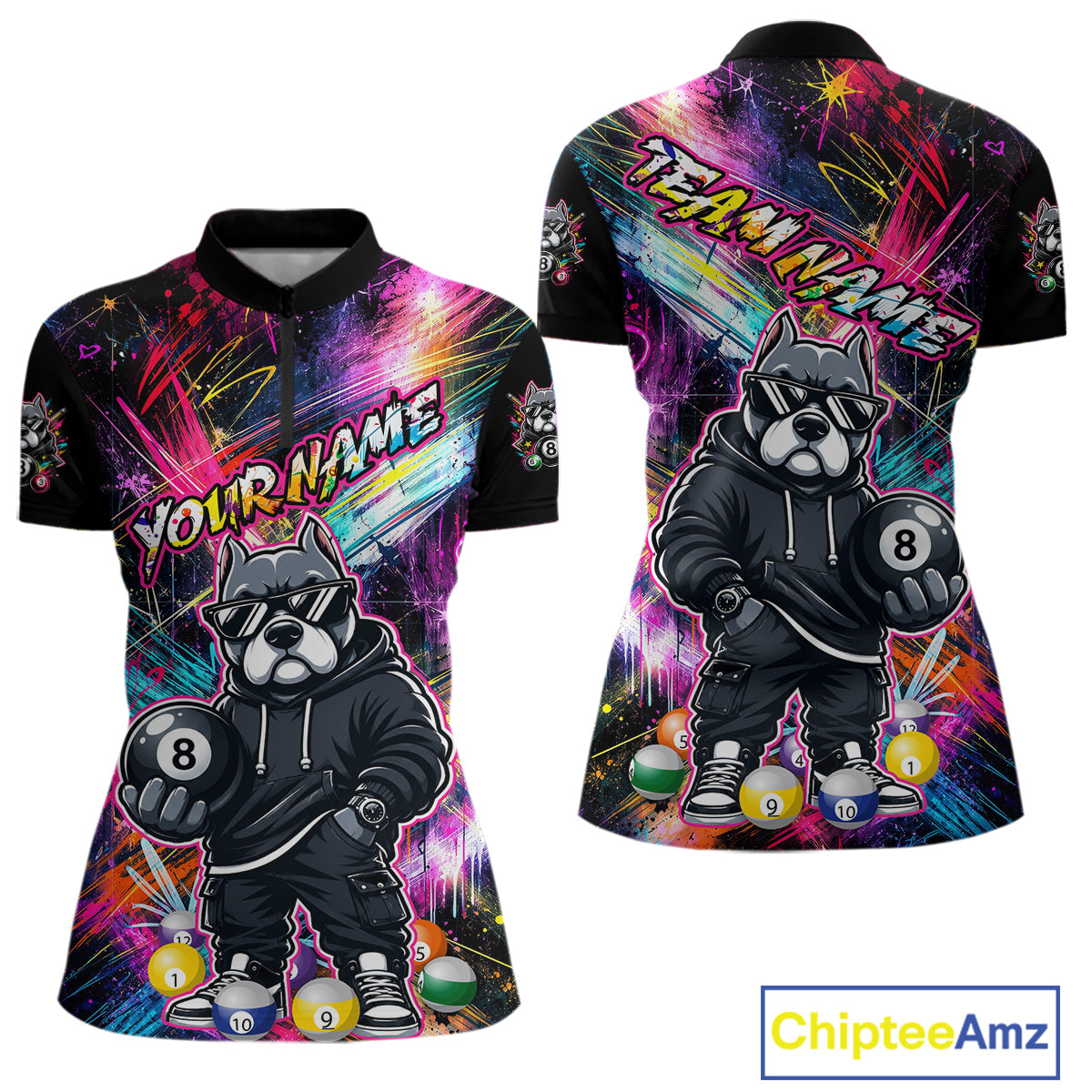 Front and back views of a vibrant billiards quarter zip shirt featuring a american bully dog in sunglasses and a hoodie holding an 8-ball, set against colorful graffiti-style splatter artwork.