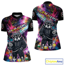 Load image into Gallery viewer, Front and back views of a vibrant billiards quarter zip shirt featuring a american bully dog in sunglasses and a hoodie holding an 8-ball, set against colorful graffiti-style splatter artwork.