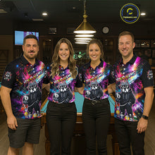 Load image into Gallery viewer, Four people wearing american bully colorful billiard shirts with a logo in a billiard league