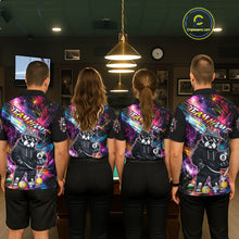 Load image into Gallery viewer, Four people wearing american bully colorful billiard shirts with a logo in a billiard league