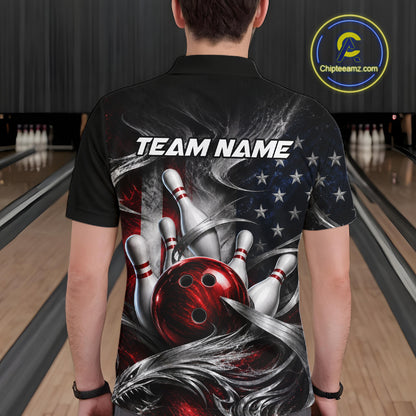 A person viewed from behind wearing a black short-sleeve polo shirt with a large bowling-themed graphic print. The design features a red bowling ball, white bowling pins, an American flag motif, and the text 'TEAM NAME' across the upper back.