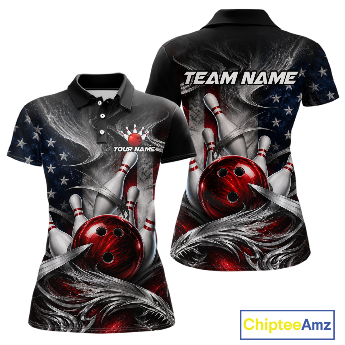 Front and back views of a women's short-sleeve polo shirt featuring a bowling-themed graphic print with red bowling balls, bowling pins, gray feather-like swirls, and an American flag background with stars. The shirt includes customizable text placeholders: 'TEAM NAME' on the back and 'YOUR NAME' with a crown icon on the front.