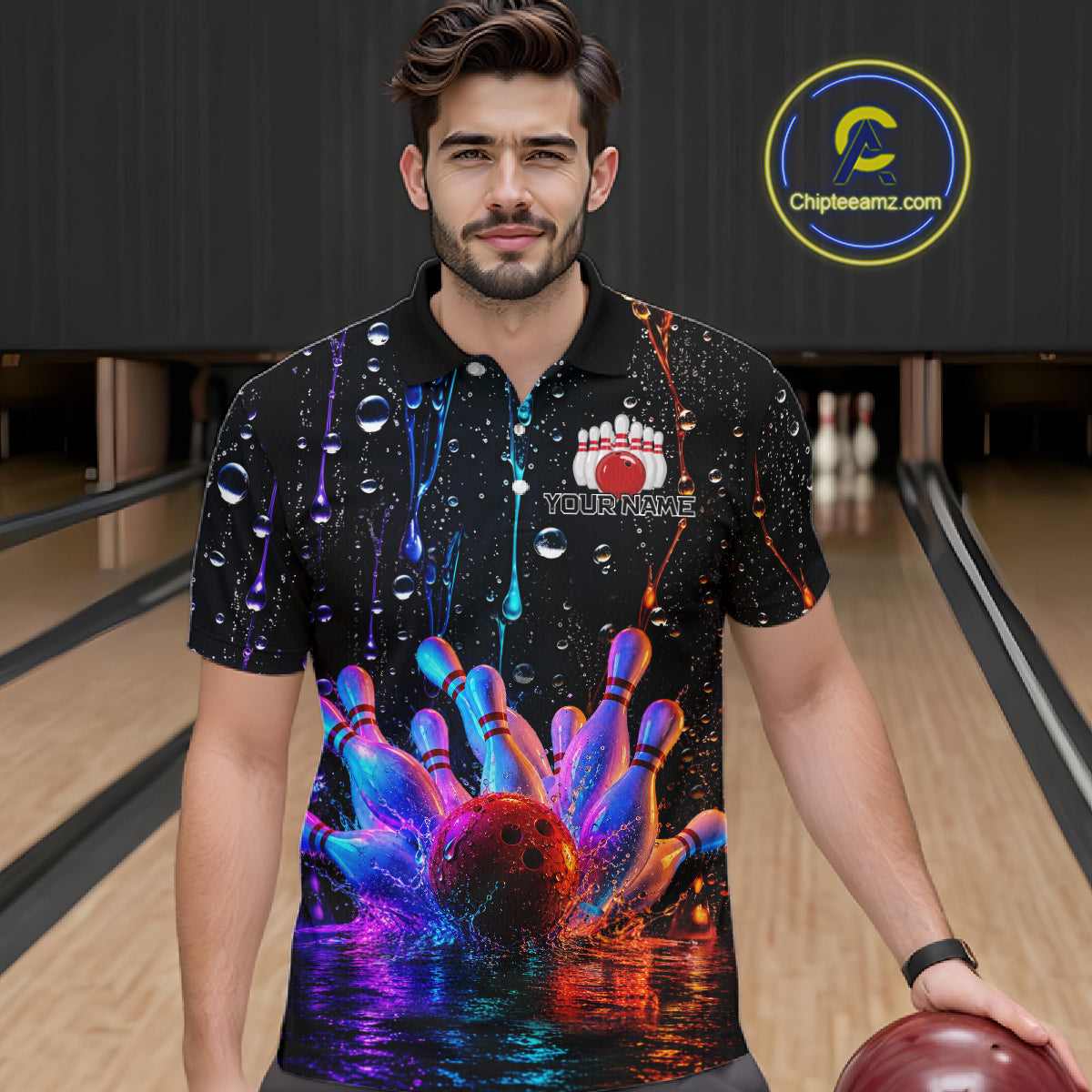 Man wearing a colorful bowling-themed shirt in a bowling alley.