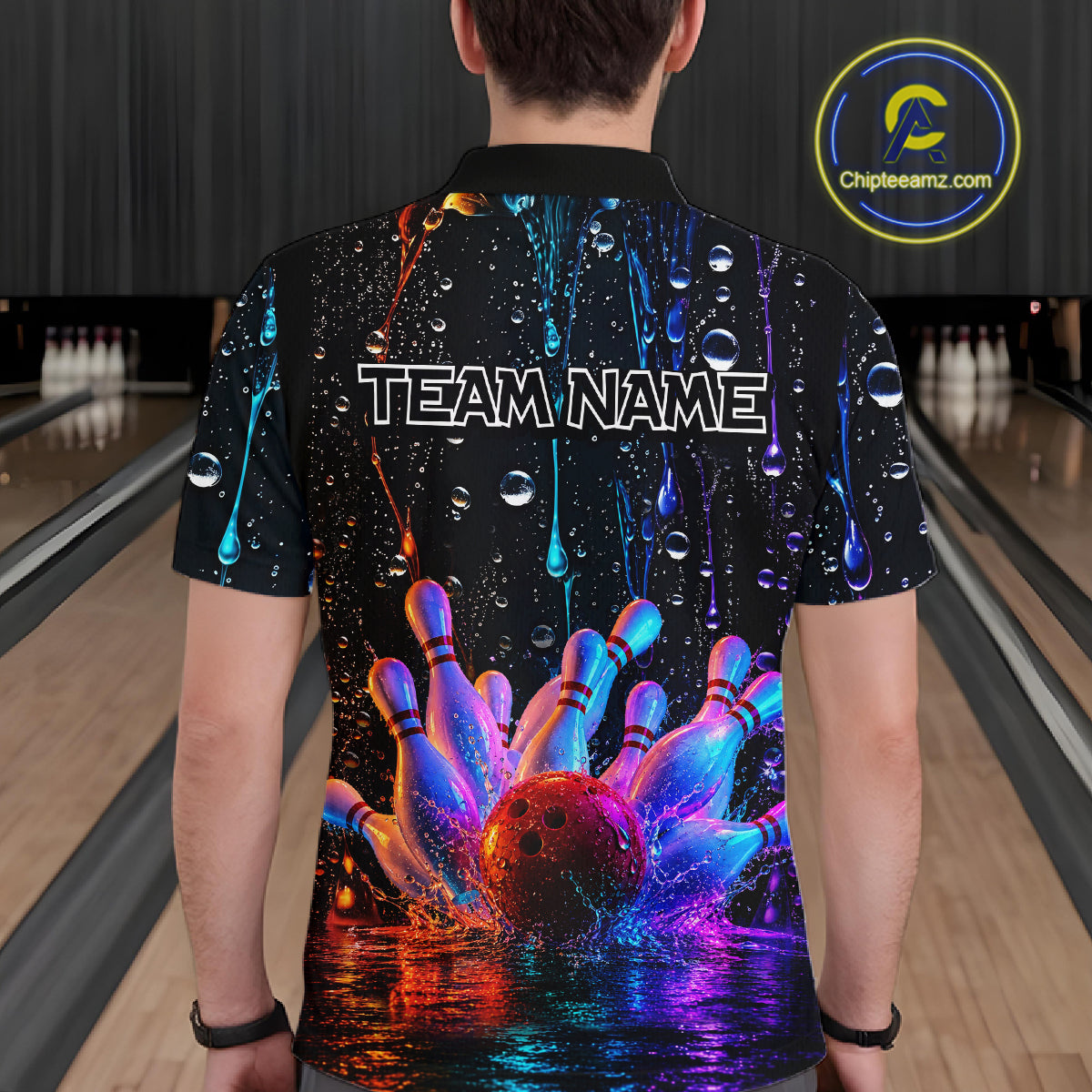 Men wearing a colorful bowling-themed shirt with 'TEAM NAME' text in a bowling alley.