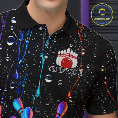 Black polo shirt with colorful liquid effects and a bowling design, featuring 'Your Name' text.