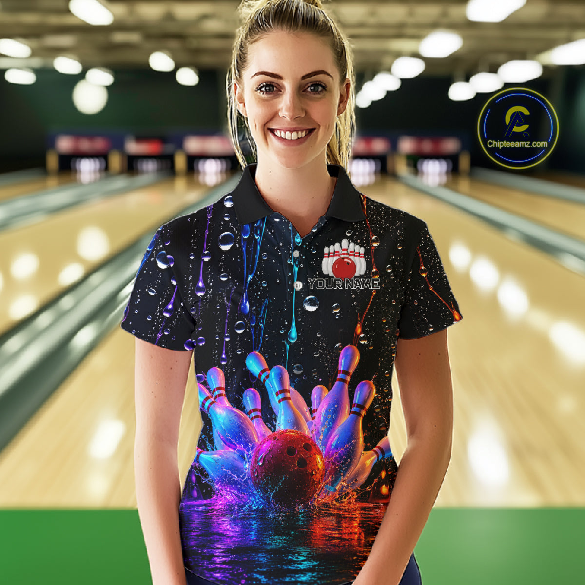 Women wearing a colorful bowling shirt with a bowling alley in the background