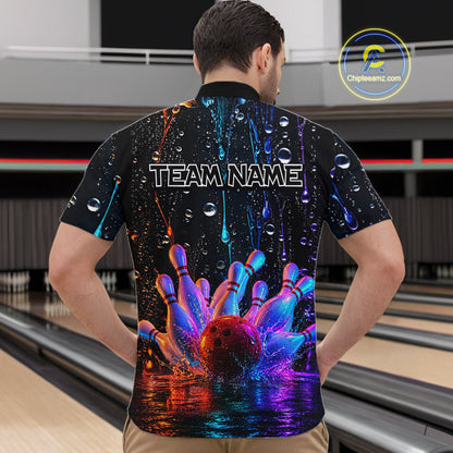 Man wearing a colorful bowling-themed shirt with 'TEAM NAME' text in a bowling alley.