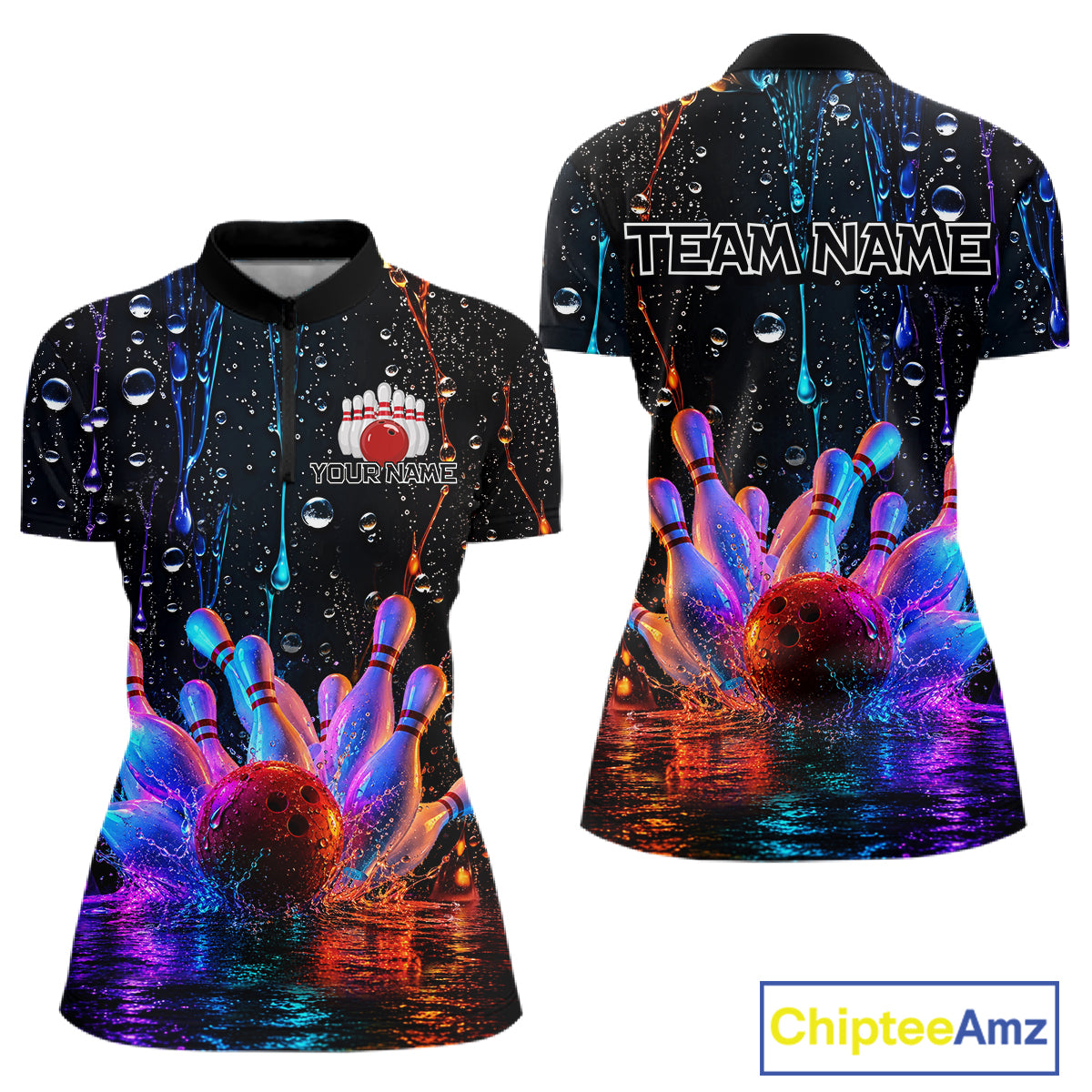 Bowling-themed quarter zip shirt with colorful design and 'Team Name' text, featuring Chiptee Amz branding.