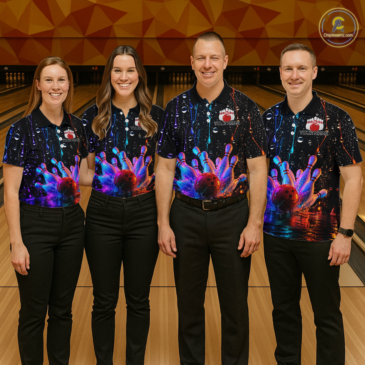 Four people wearing matching bowling shirts in a bowling alley.