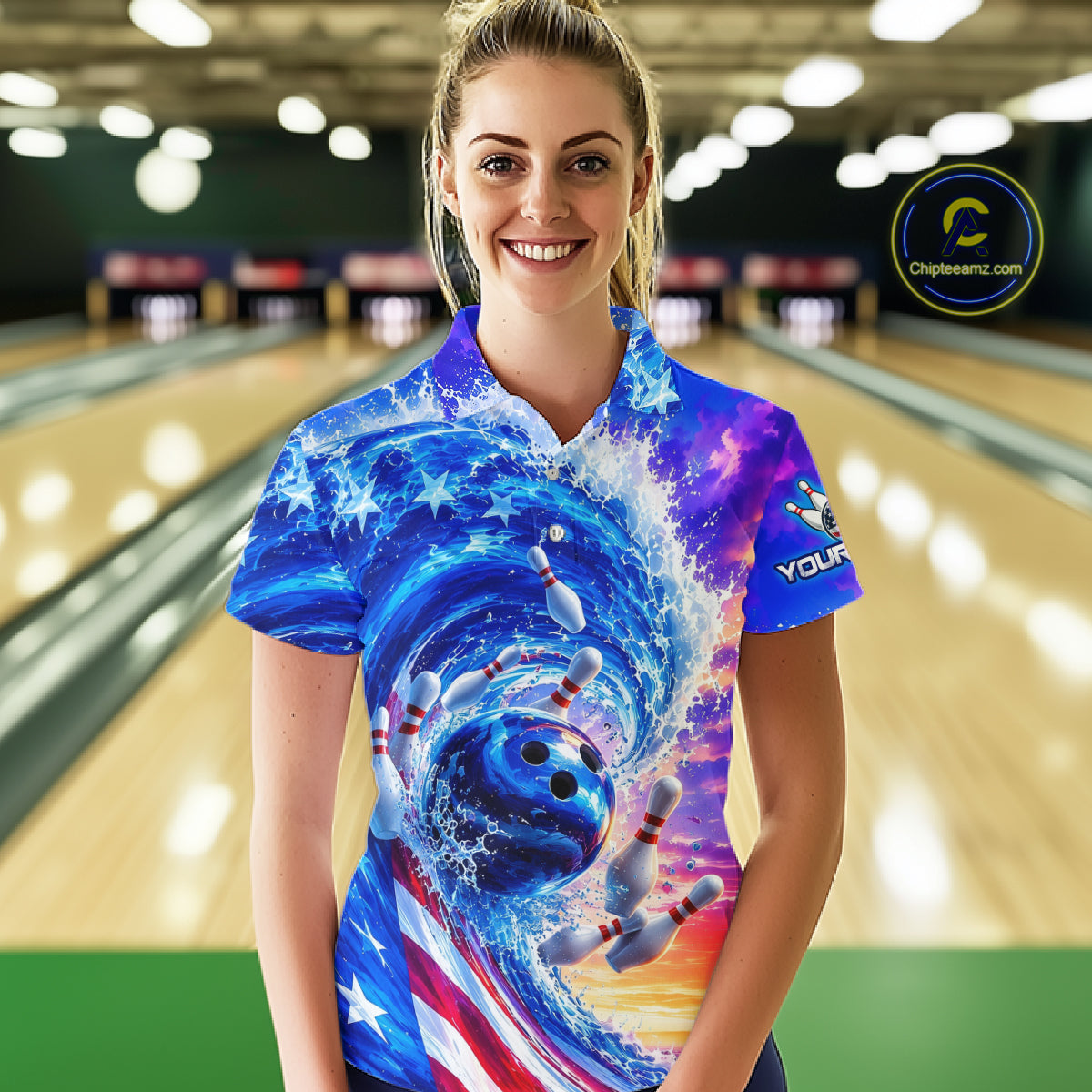 Custom American Wave Patriotic Bowling Jersey for Women Unisex Bowling Team Shirts Polo & 1/4 Zip HNT343