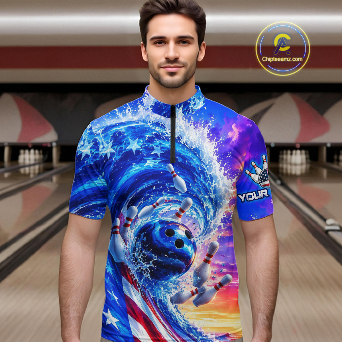 Custom American Wave Patriotic Bowling Jersey for Men Unisex Bowling Team Shirts Polo & 1/4 Zip HNT343
