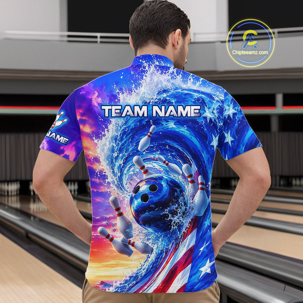Custom American Wave Patriotic Bowling Jersey for Men Unisex Bowling Team Shirts Polo & 1/4 Zip HNT343