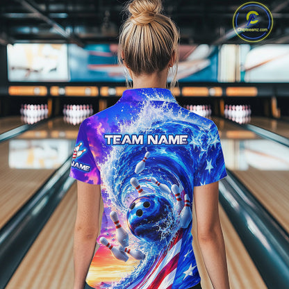 Custom American Wave Patriotic Bowling Jersey for Women Unisex Bowling Team Shirts Polo & 1/4 Zip HNT343