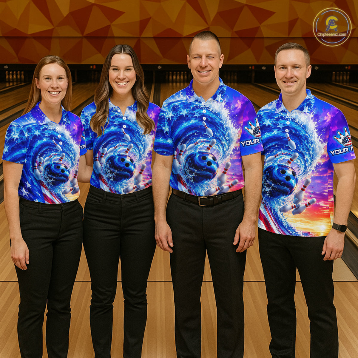 Custom American Wave Patriotic Bowling Jersey for Women Unisex Bowling Team Shirts Polo & 1/4 Zip HNT343