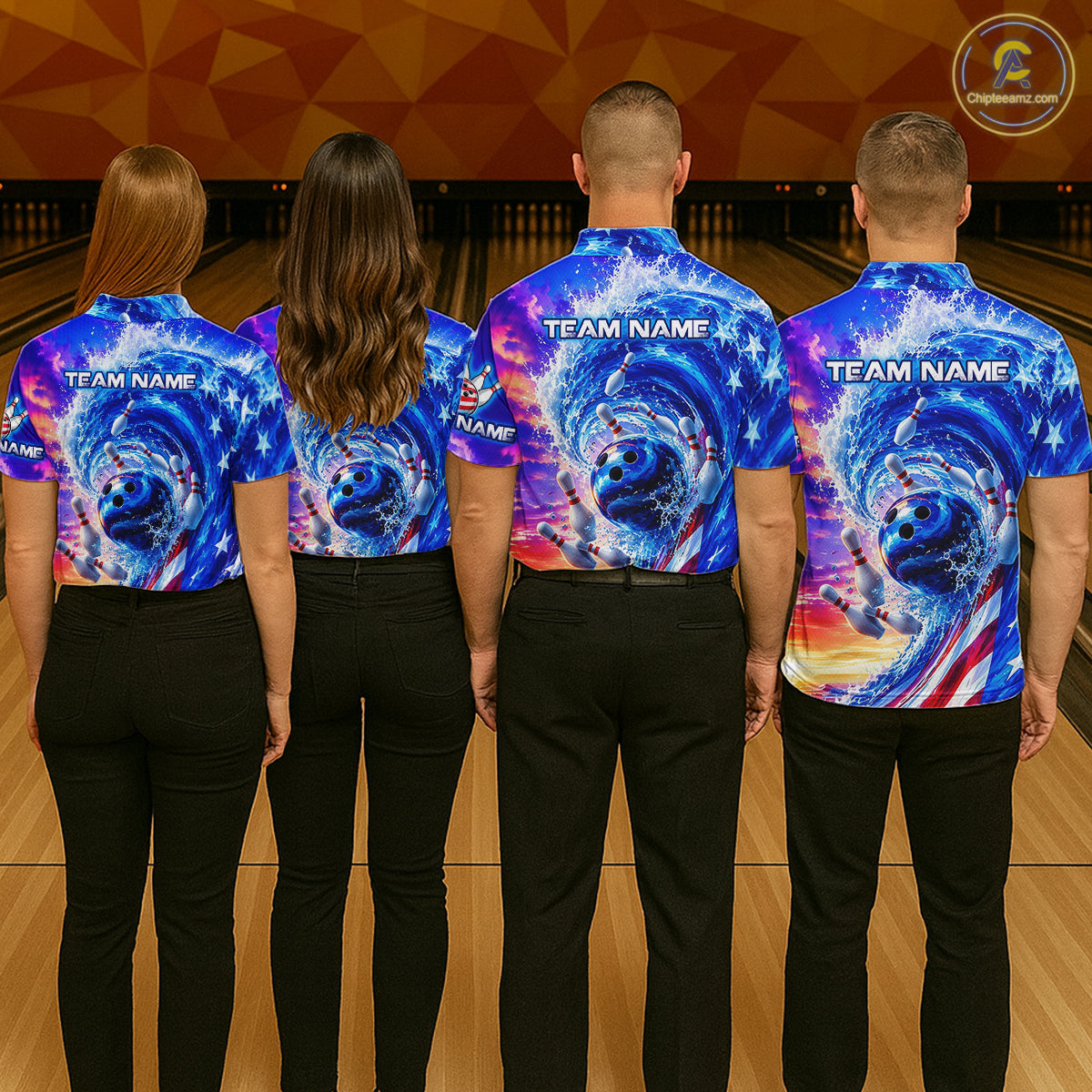 Custom American Wave Patriotic Bowling Jersey for Women Unisex Bowling Team Shirts Polo & 1/4 Zip HNT343