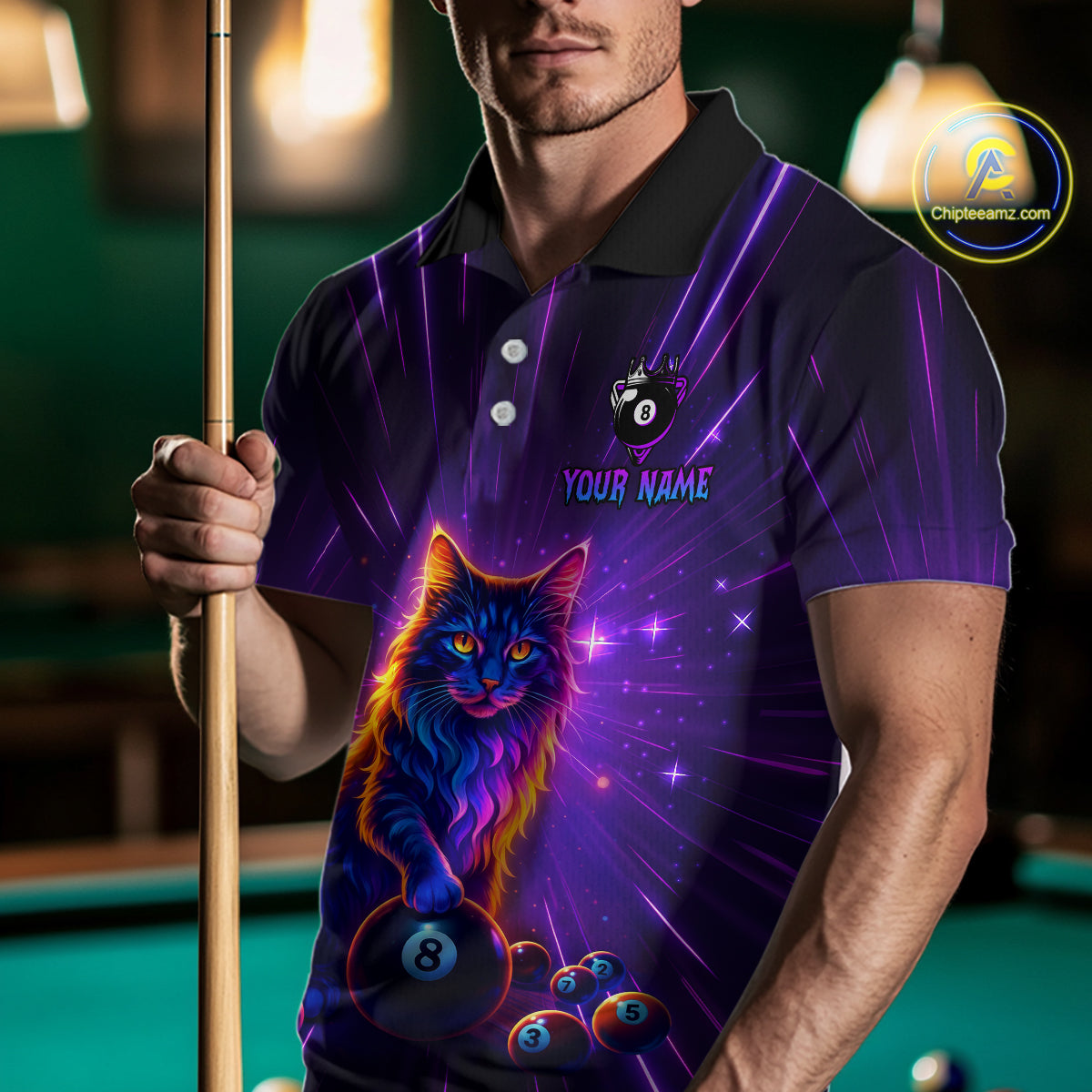 Personalized Funny Neon Cat 8 Ball Pool Men Billiard Polo & 1/4 Zip, Billiard Shirt, Billiard Team Jerseys NNT143